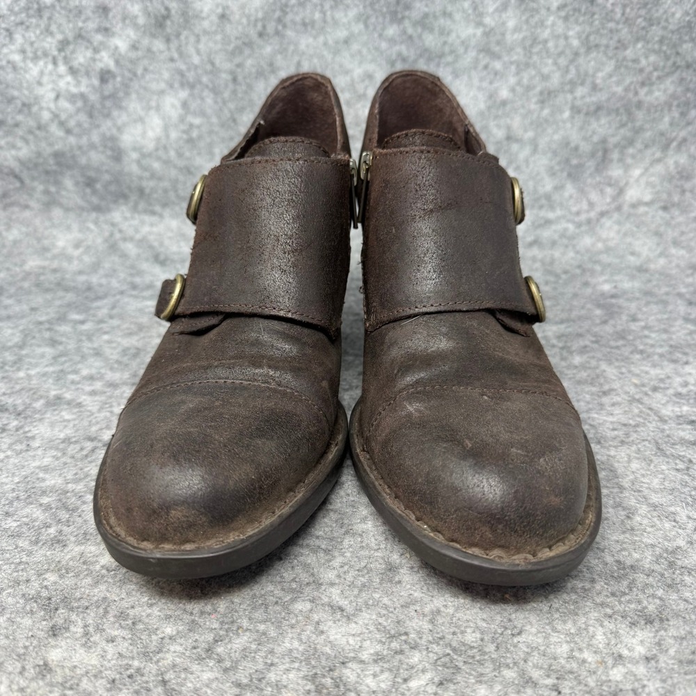 Born Leather Heeled Ankle Boots Womens Size 7.5M Monk Buckle Brown Block Pilgrim - Picture 11 of 12